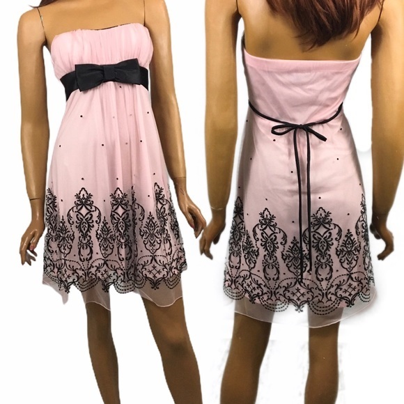 Teeze Me Dresses & Skirts - Teeze Me Pink Black Dress Woman’s S Bow Dots Embellished Summer Strapless